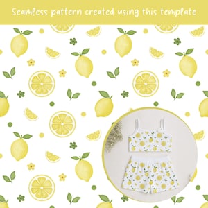 Peut inclure: Un motif r&eacute;p&eacute;titif compos&eacute; de citrons jaunes, de feuilles vertes, de petites fleurs jaunes et de points verts sur fond blanc. Un encart circulaire pr&eacute;sente un caraco blanc et un short assorti d&eacute;cor&eacute;s du m&ecirc;me motif imprim&eacute; citron.