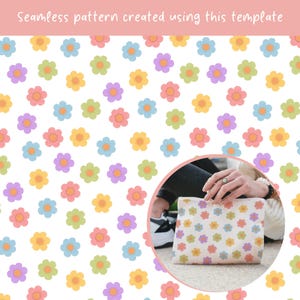 Puede incluir: Un estuche rectangular con un patr&oacute;n repetitivo de peque&ntilde;as flores de cinco p&eacute;talos en tonos amarillo, azul claro, rosa, morado y verde sobre un fondo blanco. El texto "Seamless pattern created using this template" aparece arriba.