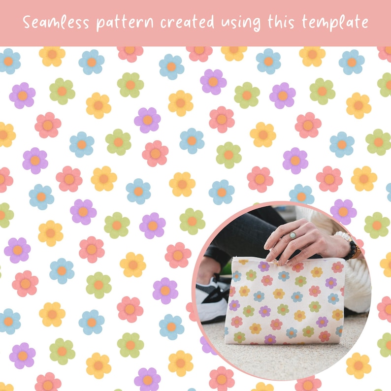 Puede incluir: Un estuche rectangular con un patr&oacute;n repetitivo de peque&ntilde;as flores de cinco p&eacute;talos en tonos amarillo, azul claro, rosa, morado y verde sobre un fondo blanco. El texto "Seamless pattern created using this template" aparece arriba.