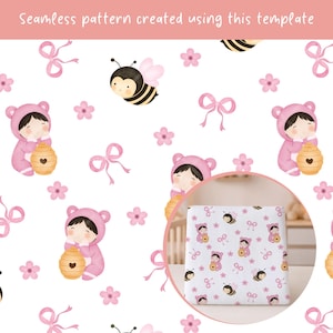 Peut inclure: Un motif r&eacute;p&eacute;titif illustrant un enfant en costume d'ours rose tenant une ruche beige, accompagn&eacute; de petites abeilles, de n&oelig;uds roses et de fleurs roses &agrave; cinq p&eacute;tales sur fond blanc. Le texte indique Seamless pattern created using this template.