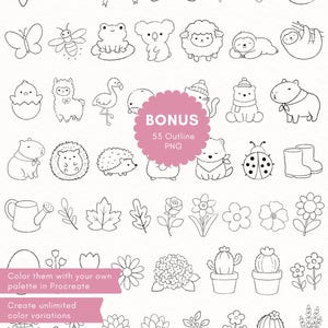May include: A collection of black and white line art illustrations featuring various animals, flowers, plants, and shapes. The set includes icons of stars, clouds, bows, hearts, bees, butterflies, frogs, koalas, sheep, sloths, and potted cacti.