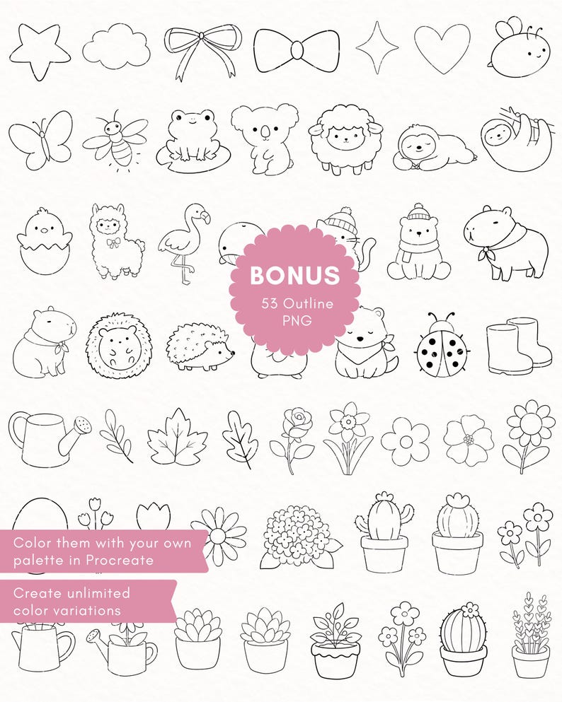 May include: A collection of black and white line art illustrations featuring various animals, flowers, plants, and shapes. The set includes icons of stars, clouds, bows, hearts, bees, butterflies, frogs, koalas, sheep, sloths, and potted cacti.