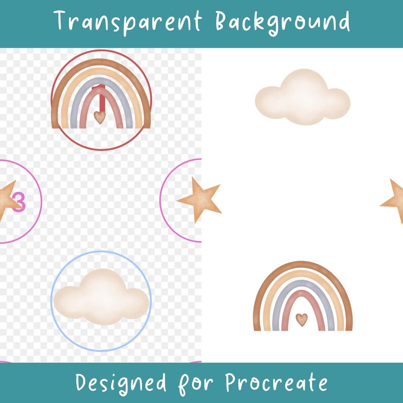 Peut inclure: &Eacute;l&eacute;ments graphiques num&eacute;riques comprenant un arc-en-ciel aux tons sourds avec un petit c&oelig;ur, un nuage beige doux et une &eacute;toile &agrave; cinq branches. Le design inclut des cadres circulaires et le texte Transparent Background et Designed for Procreate.