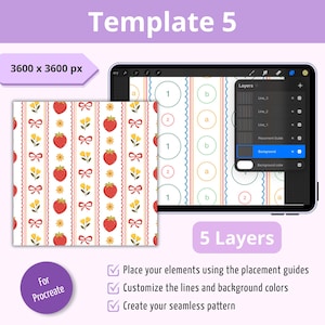 Puede incluir: Una plantilla digital para Procreate etiquetada como Template 5, 3600 x 3600 px, que incluye 5 capas. La interfaz muestra un dise&ntilde;o de patr&oacute;n continuo con fresas rojas, flores amarillas y lazos rojos sobre un fondo blanco con l&iacute;neas.