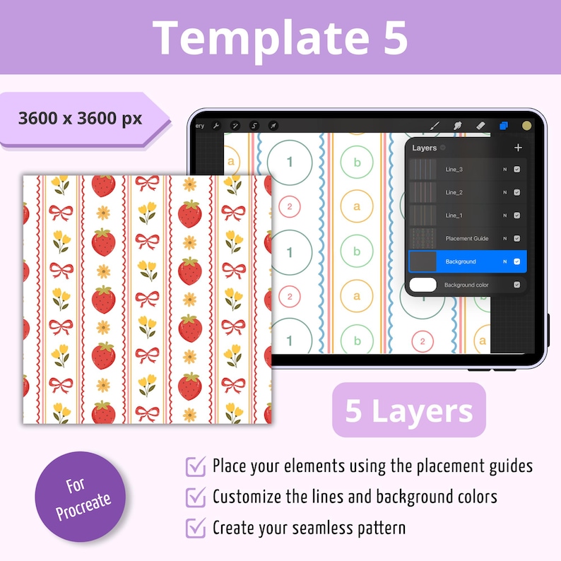 Puede incluir: Una plantilla digital para Procreate etiquetada como Template 5, 3600 x 3600 px, que incluye 5 capas. La interfaz muestra un dise&ntilde;o de patr&oacute;n continuo con fresas rojas, flores amarillas y lazos rojos sobre un fondo blanco con l&iacute;neas.