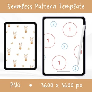 Könnte beinhalten: Zwei Tablets mit einer nahtlosen Mustervorlage. Das linke Tablet zeigt einen weißen Hintergrund mit sich wiederholenden Aquarellillustrationen von braunen Hasen und Schmetterlingen. Das rechte Tablet enthält rote Kreise mit der Zahl 1 und blaue Kreise mit der Zahl 2.