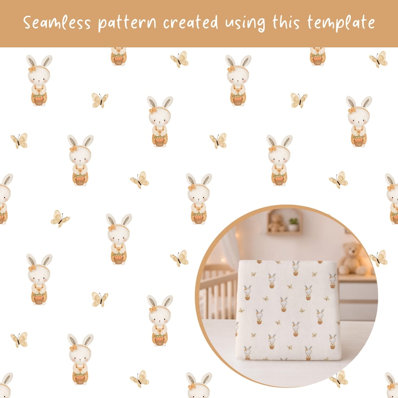 Peut inclure: Un motif r&eacute;p&eacute;titif compos&eacute; de lapins blancs avec de petits paniers orange et de papillons brun clair sur fond blanc. Le texte Seamless pattern created using this template figure en haut, avec un encart circulaire montrant le tissu.