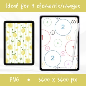 Peut inclure: Deux tablettes num&eacute;riques affichant des designs graphiques. La tablette de gauche montre un motif de citrons jaunes et de feuilles vertes sur des rayures blanches. La tablette de droite pr&eacute;sente des cercles num&eacute;rot&eacute;s color&eacute;s et un stylet blanc. Texte : Ideal for 9 elements/images, PNG, 3600 x 3600 px.