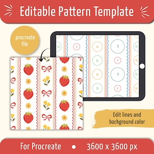 Puede incluir: Una plantilla de patrón editable para Procreate con un diseño repetitivo de fresas rojas, flores amarillas y lazos rojos separados por líneas verticales. El archivo digital incluye una tableta que muestra guías circulares y el texto 3600 x 3600 px.