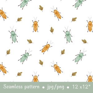 May include: A seamless pattern featuring repeating illustrations of light green and orange beetles with white spots, interspersed with small brown leaves on a white background. The text at the bottom reads Seamless pattern • jpg/png • 12 x 12 inches.