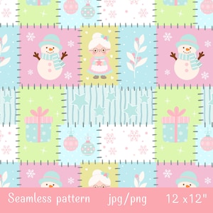 Pastel Christmas Patchwork Seamless Pattern, Cute Holiday Fabric Design, Christmas Digital Paper