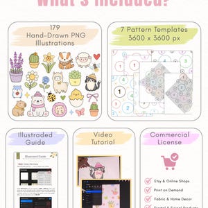 May include: A digital product bundle featuring 179 hand-drawn PNG illustrations of animals and plants, 7 pattern templates at 3600 x 3600 px, an illustrated guide, a video tutorial, and a commercial licence for Etsy, print on demand, and home decor.