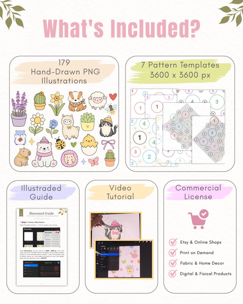 May include: A digital product bundle featuring 179 hand-drawn PNG illustrations of animals and plants, 7 pattern templates at 3600 x 3600 px, an illustrated guide, a video tutorial, and a commercial licence for Etsy, print on demand, and home decor.