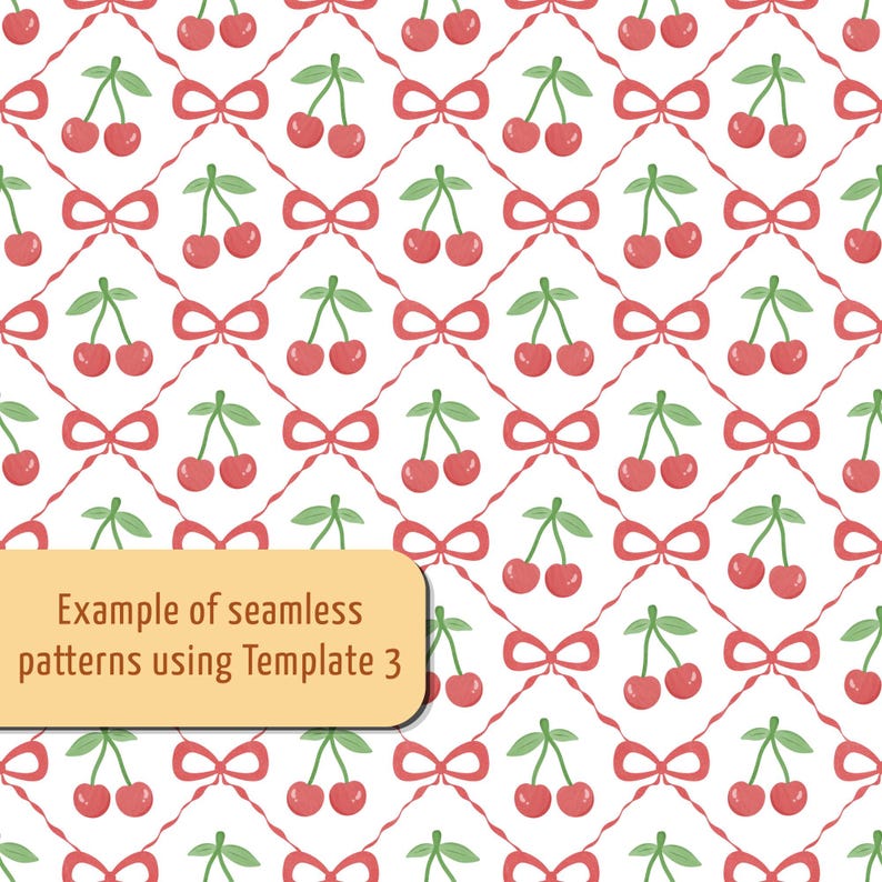 Op de afbeelding: Een naadloos patroon met rode kersen met groene steeltjes in een ruitvormig raster, gevormd door dunne rode golvende lijnen en kleine rode strikjes. Een lichtoranje rechthoekig kader bevat de tekst Example of seamless patterns using Template 3.