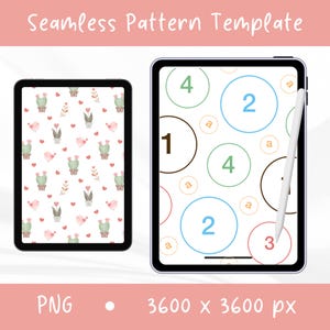 Può includere: Due tablet che mostrano design digitali. Il tablet a sinistra mostra un motivo continuo di cactus in vaso, uccelli rosa e cuori. Il tablet a destra mostra uno sfondo bianco con cerchi colorati contenenti i numeri 1, 2, 3, 4 e la lettera a.