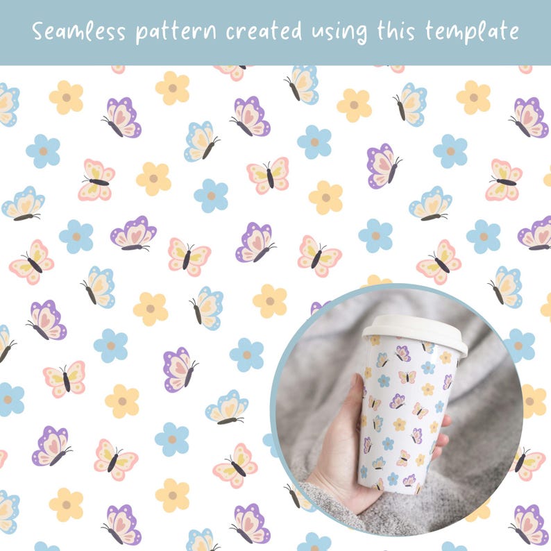 Puede incluir: Un patr&oacute;n continuo con ilustraciones repetidas de mariposas en tonos morado, amarillo y azul, intercaladas con flores simples de cinco p&eacute;talos en amarillo y azul sobre un fondo blanco, mostrado en un vaso de viaje.