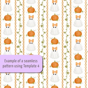 Puede incluir: Un patr&oacute;n continuo con fantasmas blancos con lazos de rayas naranjas, calabazas naranjas y bordes de enredaderas verdes sobre un fondo blanco. Un recuadro rectangular morado claro muestra el texto: Example of a seamless pattern using Template 4.