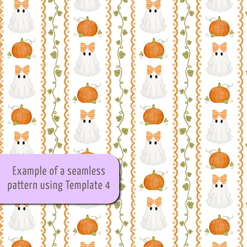 Puede incluir: Un patr&oacute;n continuo con fantasmas blancos con lazos de rayas naranjas, calabazas naranjas y bordes de enredaderas verdes sobre un fondo blanco. Un recuadro rectangular morado claro muestra el texto: Example of a seamless pattern using Template 4.