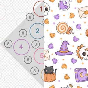 May include: A digital pattern design featuring Halloween-themed illustrations including a black cat in a pumpkin, a purple witch hat, a skull, a spellbook, a lollipop, and small hearts on a white background, alongside a numbered colour guide overlay.
