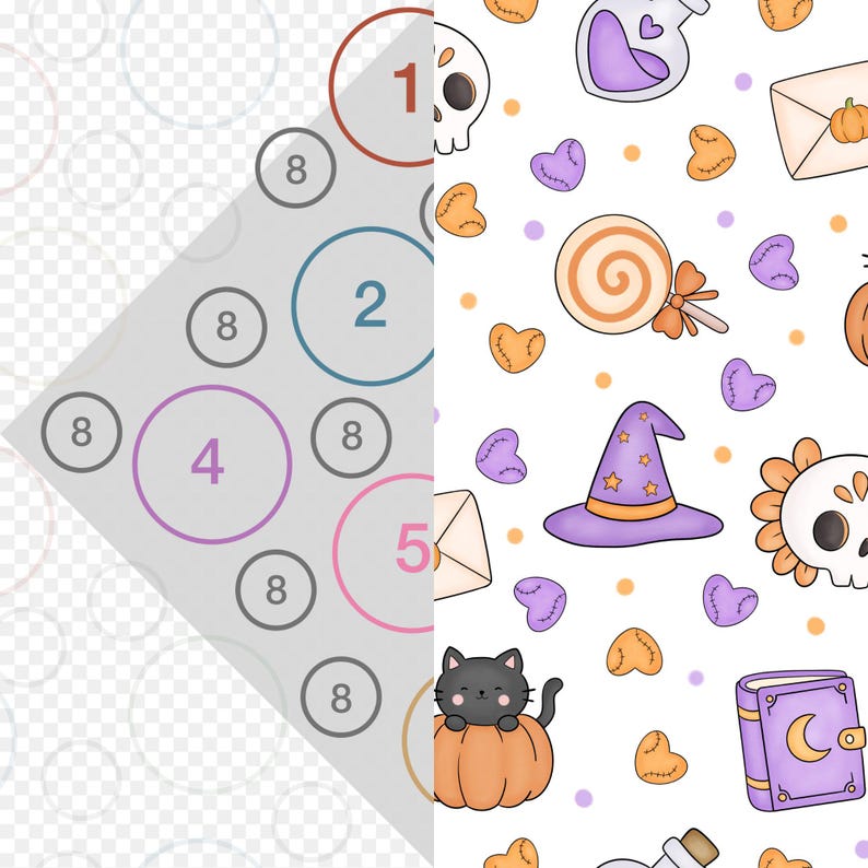 May include: A digital pattern design featuring Halloween-themed illustrations including a black cat in a pumpkin, a purple witch hat, a skull, a spellbook, a lollipop, and small hearts on a white background, alongside a numbered colour guide overlay.