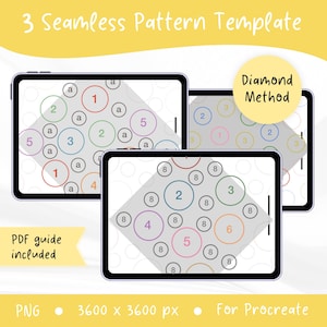 May include: Three digital tablets display a seamless pattern template with a diamond method layout. The screens show circles containing numbers and the letter a. Text on the image reads 3 Seamless Pattern Template, Diamond Method, and PDF guide included. PNG 3600 x 3600 px For Procreate.