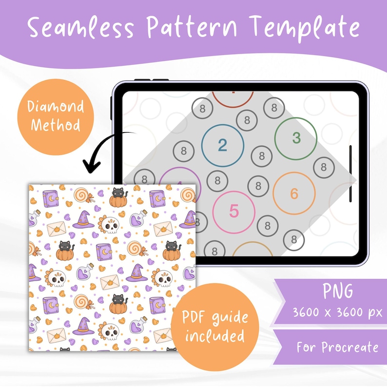 Diamond Method Seamless Pattern Template for Procreate, Repeat Pattern PNG, Surface Pattern Layout, Easy Pattern Maker, 8-Element Design image 1