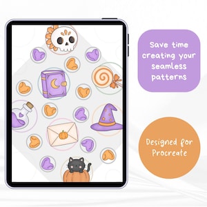 May include: A digital tablet screen displays a pattern of Halloween-themed icons including a skull, a purple book with a moon, a lollipop, a potion bottle, a witch hat, an envelope with a pumpkin, and a black cat. Text reads: Save time creating your seamless patterns. Designed for Procreate.