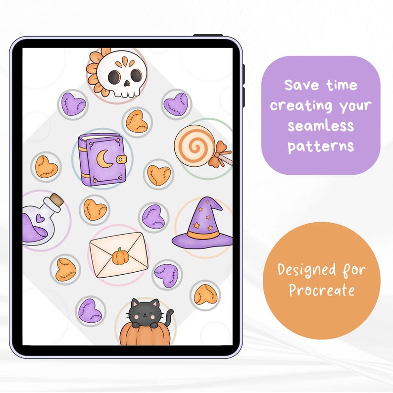 May include: A digital tablet screen displays a pattern of Halloween-themed icons including a skull, a purple book with a moon, a lollipop, a potion bottle, a witch hat, an envelope with a pumpkin, and a black cat. Text reads: Save time creating your seamless patterns. Designed for Procreate.
