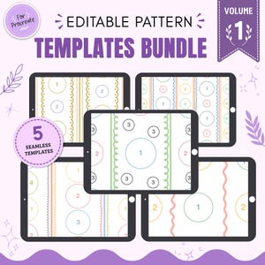 May include: A digital bundle of five editable pattern templates for Procreate, displayed on five tablet screens. The templates feature various geometric layouts with circles, vertical lines, and numbers, set against a light purple background.