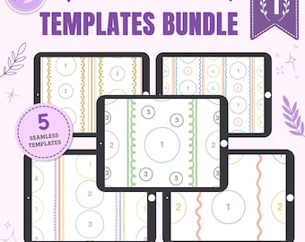 May include: A digital bundle of five editable pattern templates for Procreate, displayed on five tablet screens. The templates feature various geometric layouts with circles, vertical lines, and numbers, set against a light purple background.
