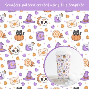 May include: A seamless pattern featuring illustrations of black cats in pumpkins, purple witch hats, skulls, potion bottles, envelopes with pumpkins, books with moons, and lollipops. A white travel mug displays this pattern in a circular inset.