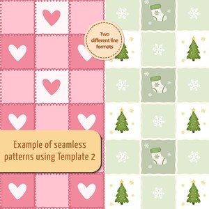Op de afbeelding: Een digitale afbeelding met twee naadloze patronen. De linkerkant toont een roze en wit raster met hartjes. De rechterkant toont een groen en wit raster met kerstbomen, sokken en sneeuwvlokken. Tekst: Two different line formats en Example of seamless patterns using Template 2.