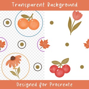 Peut inclure: Une feuille d'illustration num&eacute;rique pr&eacute;sentant divers motifs botaniques et fruitiers, notamment des oranges, une tulipe, une feuille d'&eacute;rable, une fleur et des cerises. Le design inclut des cadres circulaires, des points dor&eacute;s et le texte Transparent Background et Designed for Procreate.