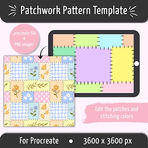 Modelo de padrão patchwork sem emendas para Procreate, camadas de patch editáveis, design de padrões de superfície, ferramenta de criação de padrões, arquivo Procreate + PNGs