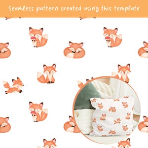 Peut inclure: Un motif r&eacute;p&eacute;titif compos&eacute; d'illustrations &agrave; l'aquarelle de renards orange et blancs dans diverses positions, assis, endormis ou tenant des champignons. Un encart circulaire montre le motif imprim&eacute; sur un coussin carr&eacute; blanc.