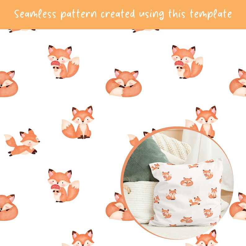 Peut inclure: Un motif r&eacute;p&eacute;titif compos&eacute; d'illustrations &agrave; l'aquarelle de renards orange et blancs dans diverses positions, assis, endormis ou tenant des champignons. Un encart circulaire montre le motif imprim&eacute; sur un coussin carr&eacute; blanc.