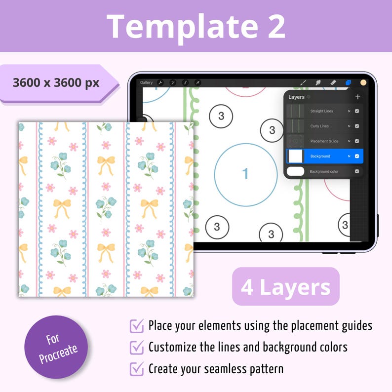 Puede incluir: Una plantilla de dise&ntilde;o digital para Procreate etiquetada como Template 2, con un lienzo de 3600 x 3600 px. Muestra un patr&oacute;n continuo de flores azules, lazos amarillos y flores rosas sobre fondo blanco, junto a un men&uacute; de 4 capas.