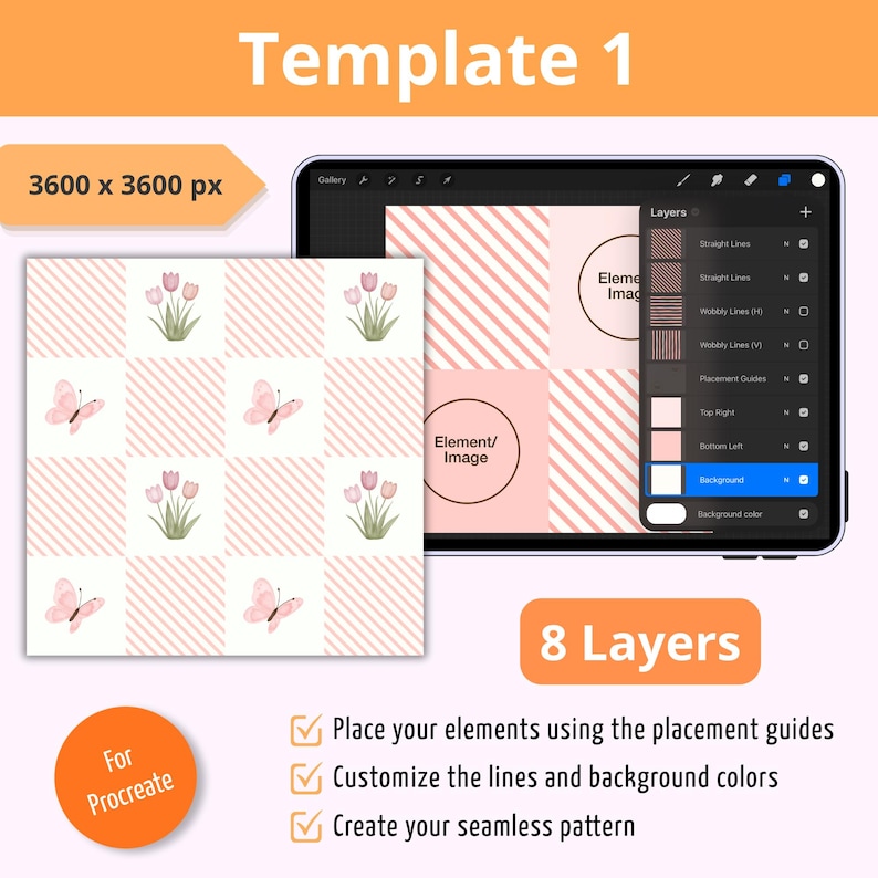 Op de afbeelding: Een digitaal ontwerpsjabloon voor Procreate met een canvas van 3600 x 3600 px en 8 lagen. De interface toont een rasterpatroon van roze gestreepte vierkanten, witte vierkanten met aquarel tulpen en witte vierkanten met roze vlinders.