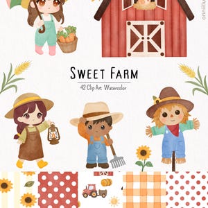May include: Watercolor clip art set with a farm theme. Includes illustrations of a barn, farmers, scarecrow, and patterns with sunflowers, tractors, and polka dots. Text reads "Sweet Farm 42 Clip Art Watercolor."