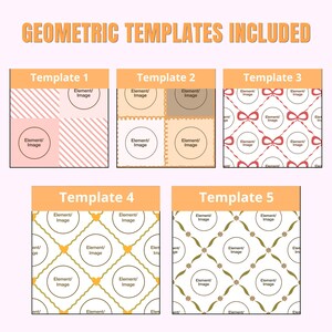 Op de afbeelding: Vijf vierkante grafische ontwerpsjablonen gelabeld Template 1 tot en met Template 5 met de tekst GEOMETRIC TEMPLATES INCLUDED bovenaan. Elk sjabloon bevat herhalende patronen, cirkelvormige tijdelijke aanduidingen en decoratieve randen.