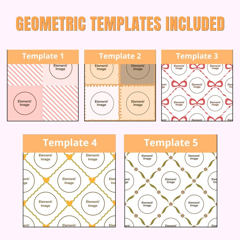 Op de afbeelding: Vijf vierkante grafische ontwerpsjablonen gelabeld Template 1 tot en met Template 5 met de tekst GEOMETRIC TEMPLATES INCLUDED bovenaan. Elk sjabloon bevat herhalende patronen, cirkelvormige tijdelijke aanduidingen en decoratieve randen.