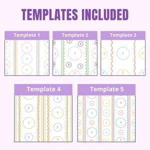 Puede incluir: Un gr&aacute;fico digital titulado TEMPLATES INCLUDED que muestra cinco dise&ntilde;os rectangulares distintos etiquetados del Template 1 al Template 5. Cada dise&ntilde;o presenta una serie de l&iacute;neas verticales, bordes ondulados y c&iacute;rculos con n&uacute;meros o letras.