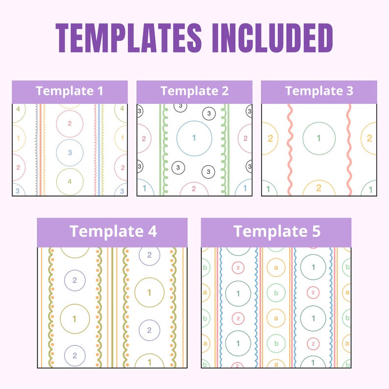 Puede incluir: Un gr&aacute;fico digital titulado TEMPLATES INCLUDED que muestra cinco dise&ntilde;os rectangulares distintos etiquetados del Template 1 al Template 5. Cada dise&ntilde;o presenta una serie de l&iacute;neas verticales, bordes ondulados y c&iacute;rculos con n&uacute;meros o letras.
