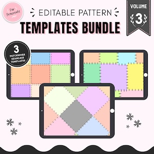 May include: A digital bundle of three editable patchwork pattern templates for Procreate, displayed on tablet screens. The graphics feature colorful, stitched-together rectangular and diamond-shaped segments with visible black dashed outlines.