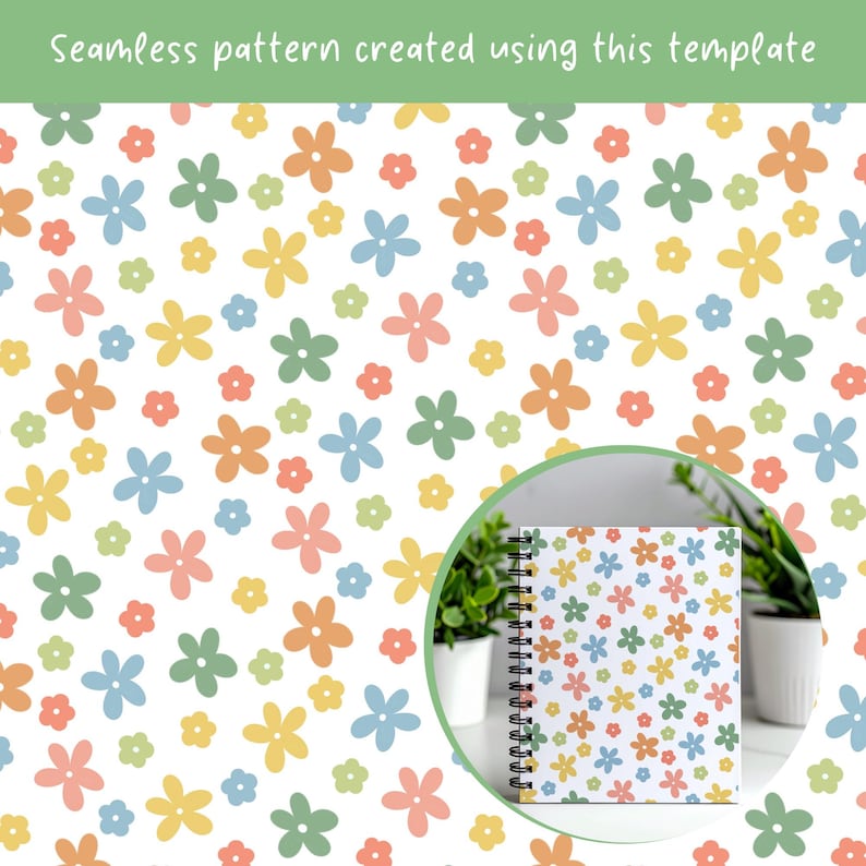 May include: A seamless pattern template featuring small, five-petaled flowers in muted shades of orange, yellow, blue, green, and pink on a white background, with a circular inset showing a spiral-bound notebook displaying the same floral design.
