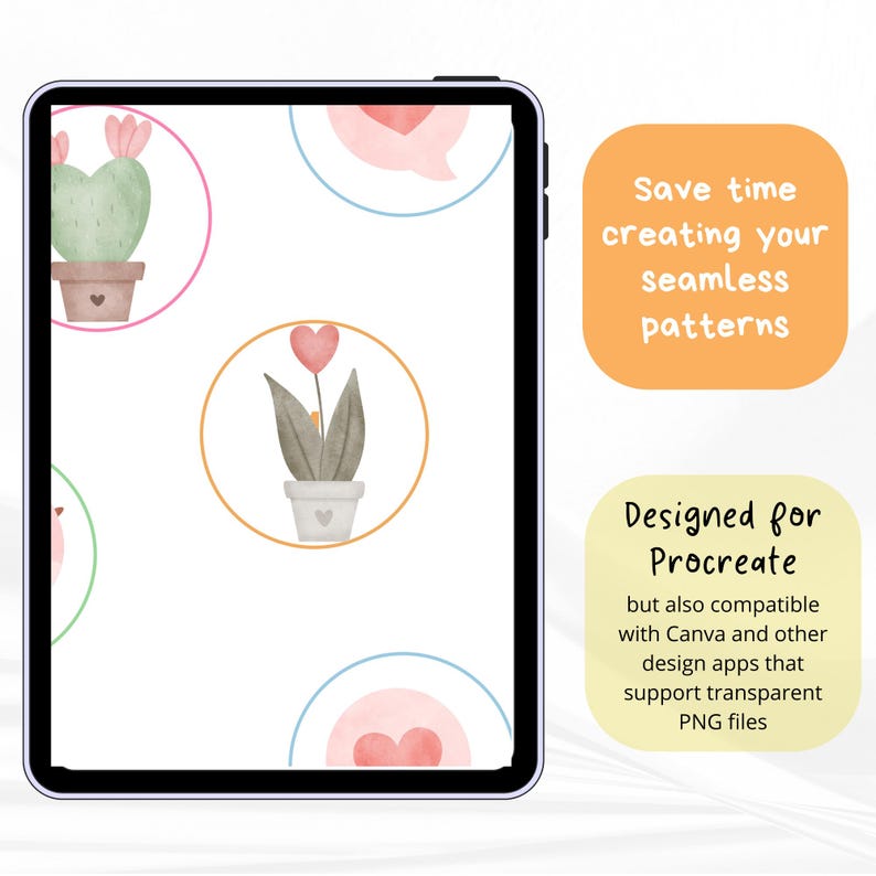 May include: A tablet displaying a digital pattern of watercolour potted plants and hearts in circular frames. Text on the right reads: Save time creating your seamless patterns. Designed for Procreate but also compatible with Canva and other design apps that support transparent PNG files.