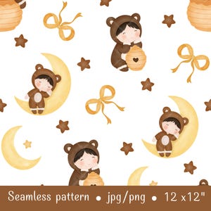 Patrón sin costuras de acuarela de osito pardo bebé, papel digital para guardería, patrón repetitivo de oso miel, imprimible lindo para niños, papel para álbum de recortes de luna y estrella