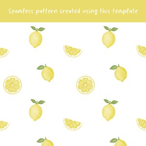 May include: A seamless pattern featuring yellow lemons and lemon slices on a white background. The text "Seamless pattern created using this template" appears in white on a yellow horizontal bar at the top of the image.