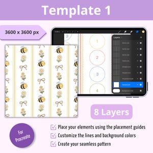 Puede incluir: Una plantilla digital de Procreate con un dise&ntilde;o de patr&oacute;n continuo que repite abejas, flores y lazos entre rayas verticales. La interfaz muestra 8 capas, una dimensi&oacute;n de 3600 x 3600 px y gu&iacute;as de colocaci&oacute;n numeradas para personalizar.