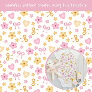 May include: A seamless pattern featuring pink hearts, yellow flowers, gold bows, and small stars on a white background. A circular inset shows a white baby bodysuit with the same pattern, a plush white animal toy, and two small white shoes.